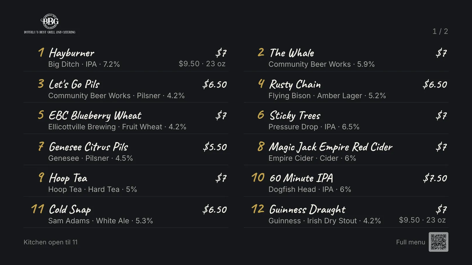 A Tapline board on a TV, listing twelve beers with brewery, style, ABV and price.