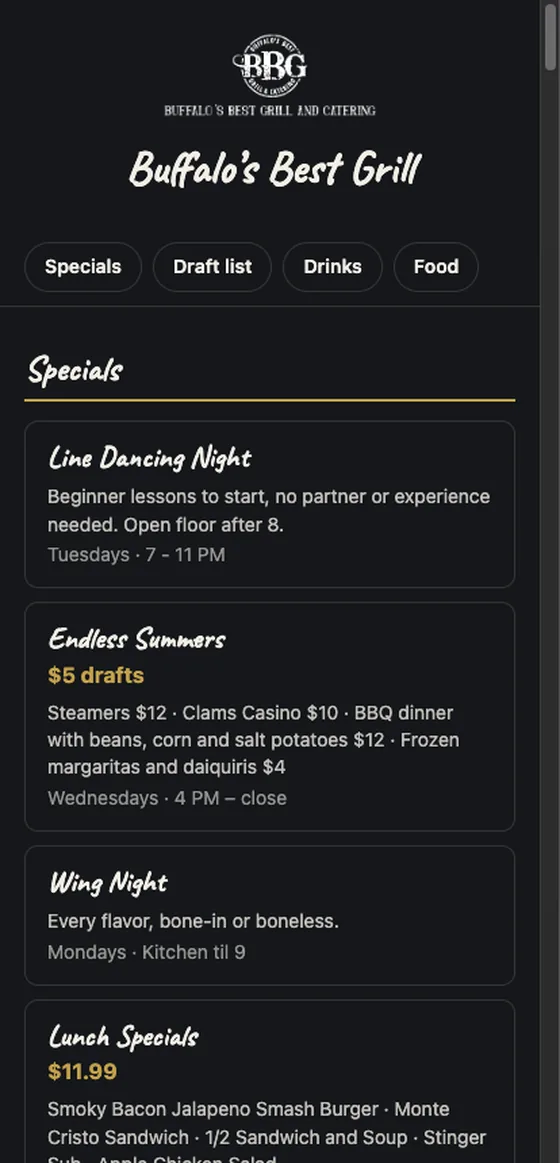 The same bar's menu on a phone, opening on its specials: line dancing, wing night, lunch specials.