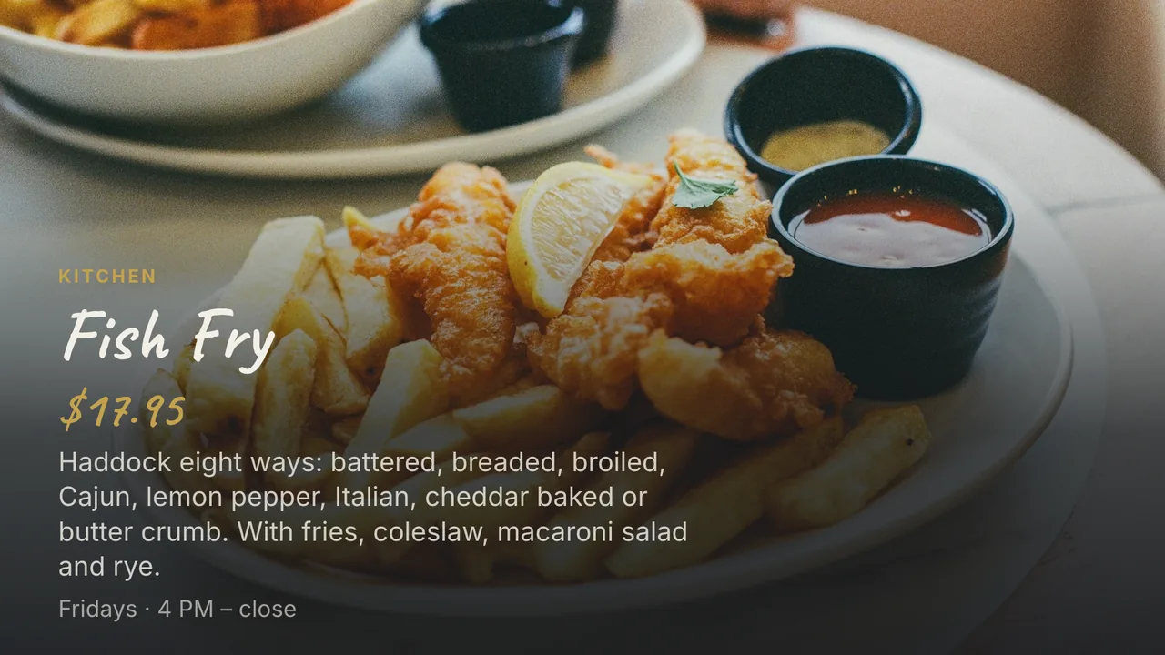 A full-screen promo on a bar's TV: a photo of a fish fry with the price and details over it.